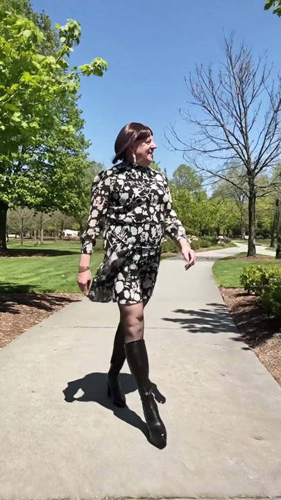 Nicolette Walk in a Park with high-heeled boots and pantyhose