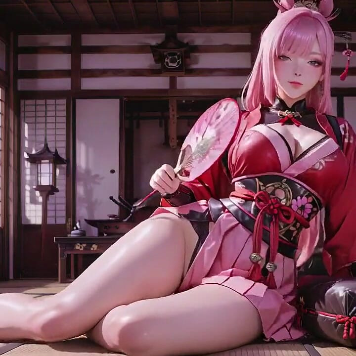 Crimson Samurai! Pink-haired Warrior Kneeling on Tatami, High-slit Kimono Slipping to Reveal Snowy Thighs.