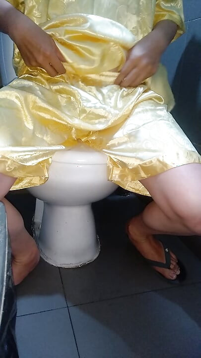 Crossdresser cum wearing satin pajamas