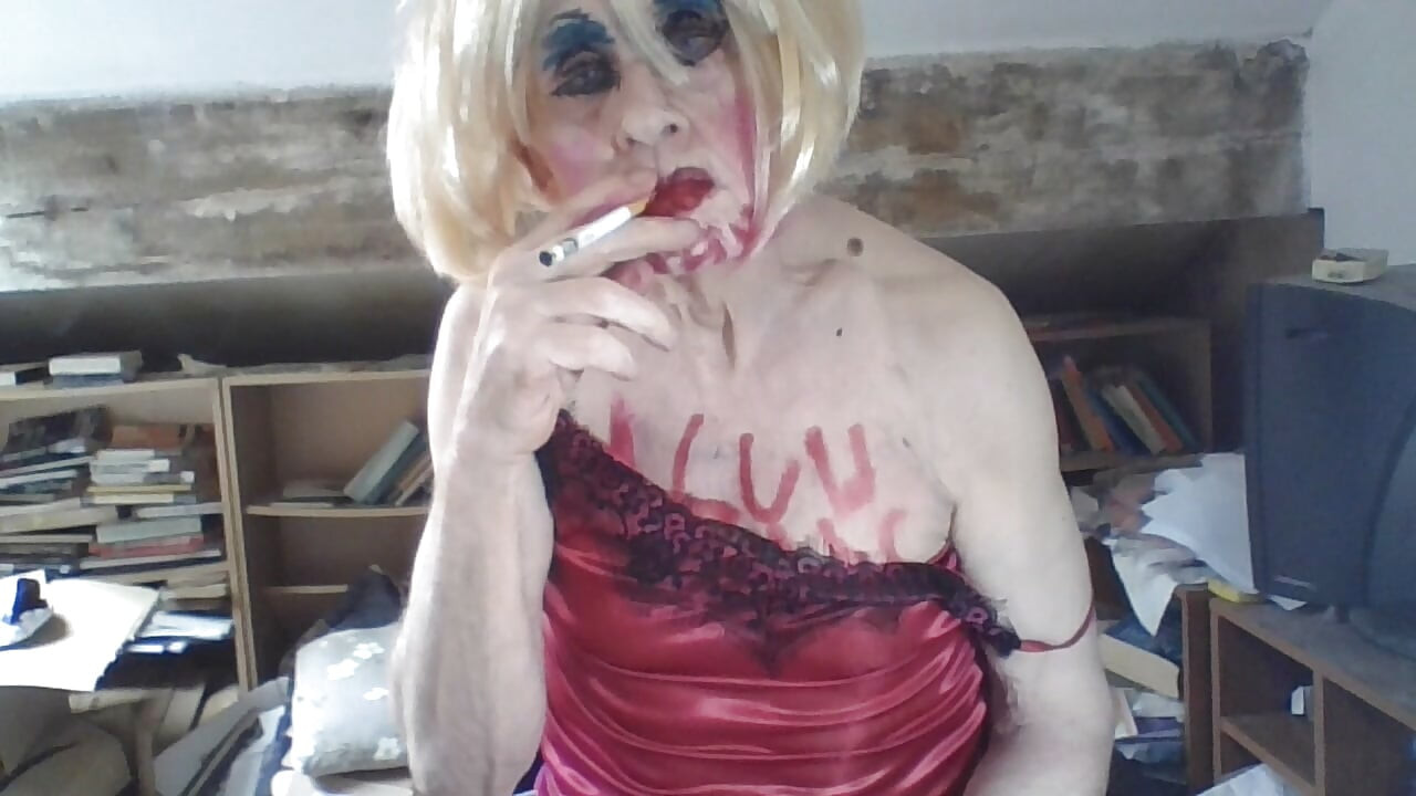 Femboi fag whore Sarah writes on her body, smokes, fingers her hole, and wanks to cumshot