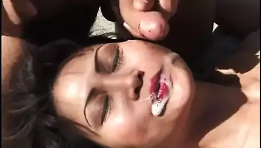 Two big dicks fuck the mouth, ass, and pussy holes on this little Asian slut