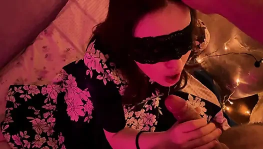 Holiday New Year blowjob from a beautiful woman in a mask and dress