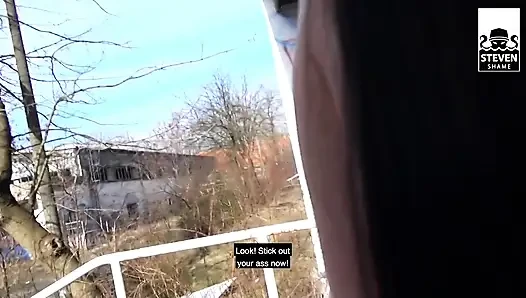 Interracial outdoor threesome fun: Skinny bitch enjoys black & white cock