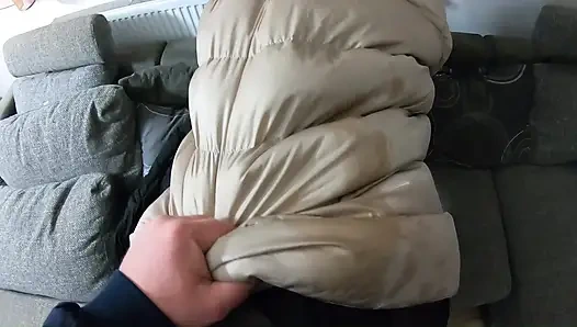 Ripped Pantyhose Slut in Puffy Downjacket. Blowjob, Doggy and Double Cum on My Coats