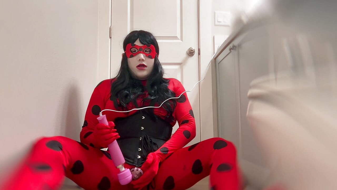 Sissy in ladybug costume cums with vibrator