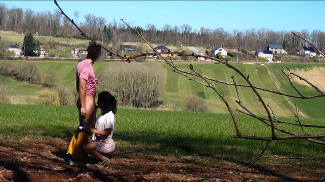 Farmer's sister fucked by a hiker in a field – wild blowjob and doggy style to cumshot