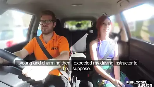 Redhead Brit publicly rides driving instructor