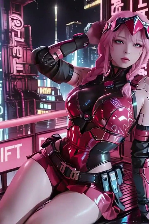 Pink-haired Mech Warrior! Kneeling in Neon Streets, Red Rose & Cold Armor Contrast.