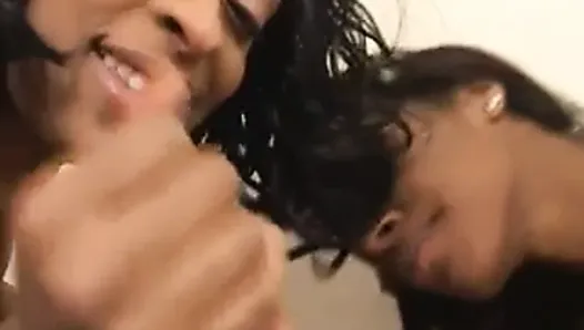 2 black hoes sucking cock