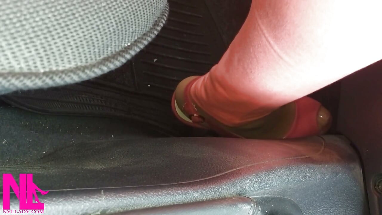 Revving and Handjob to Gear Stick in Nude Nylons and Pink Peeptoed High Heels