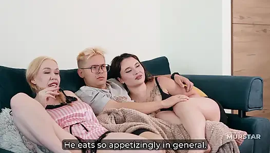 Step Sis Gives Her Step Brother a Secret Blowjob Under the Blanket While His Girlfriend Watches the Movie