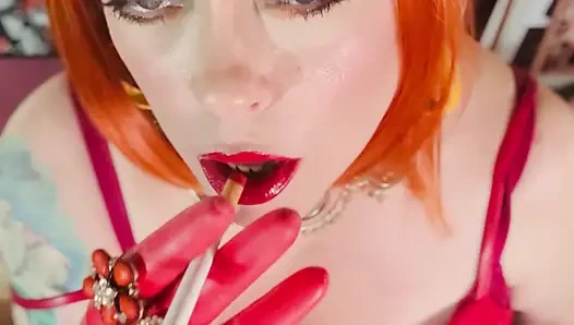Lady In Red Is Smoking With Me...Tina Snua Smokes A Cork cigarette In Leather And Latex