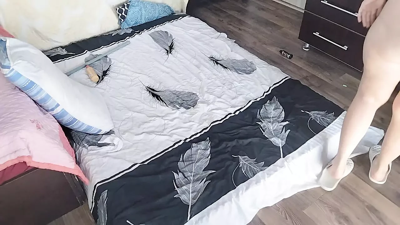 Sensual massage of a sexy couple with oil on the body. Foreplay in the bedroom with an amateur couple.
