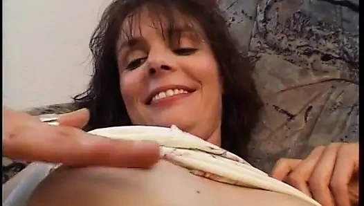 Brunette slut with round booty gets her hairy pussy fingered in pov