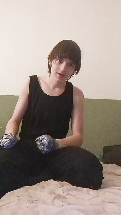 selfbondage mittens and dildo sucking