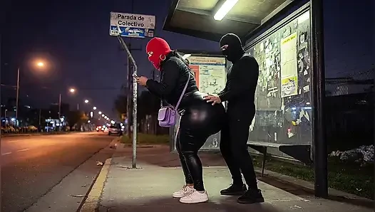 Big Ass Latina in Tight Leather Pants at Bus Stop Strips to Black Leather Thong