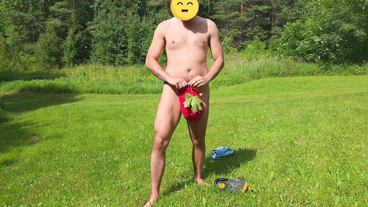 Cumming outdoors with a help of banana peel