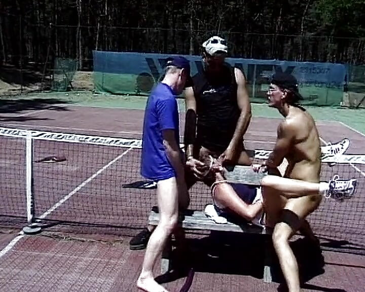 Piss-addicted French slut fucked in gangbang on the tennis court