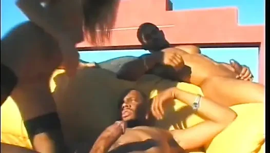 Young Blonde Enjoys with Two Monster Black Cocks Inside Her Ass and Pussy and Two More Cum in Her Mouth