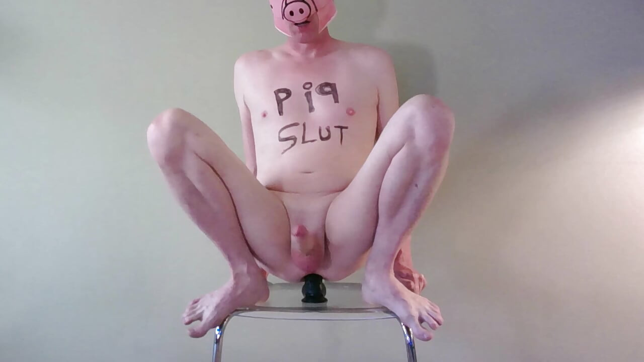 GingerSexPig moans and cums while riding a huge black dildo