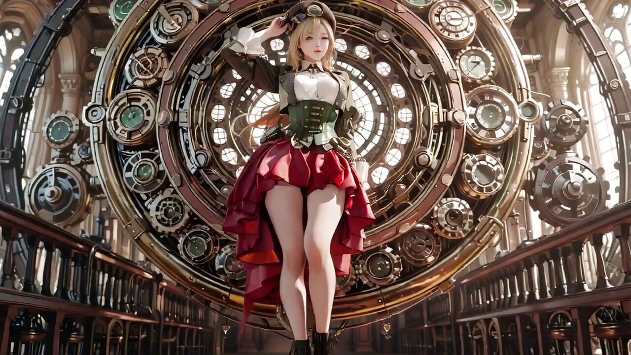 ¡Secretaria rubia steampunk! Poses perezosas entre engranajes gigantes, ajustándose las gafas con mirada provocadora.