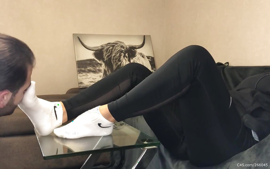 Dirty White Sneaker Worship - Smelly Socks in Face with Valeria Night (side View)
