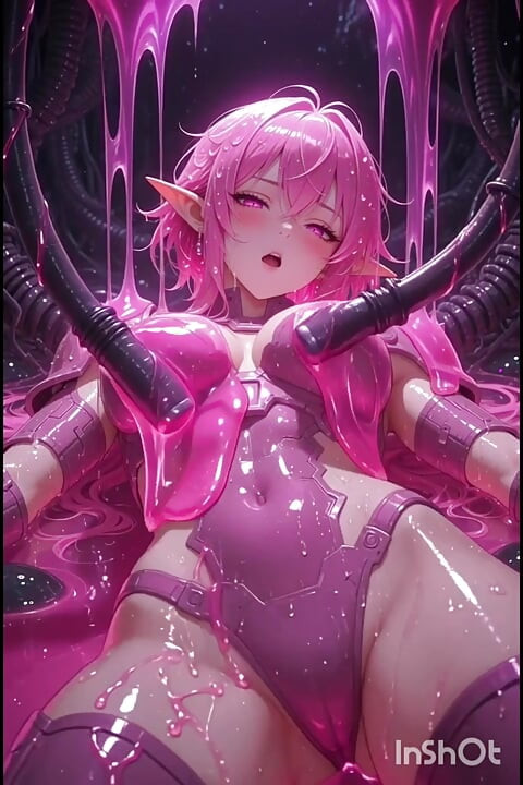 Pink anime girl elf in pink combat suit, gets rubbed by hoses