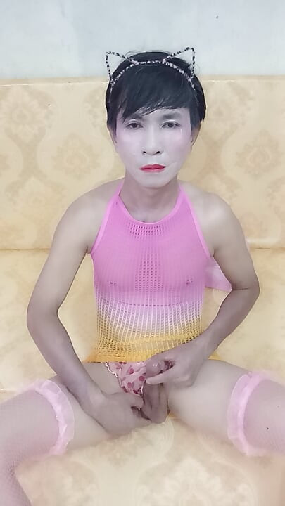 Transgender Oanh Le wears sexy clothes masturbating and ejaculates all over her body