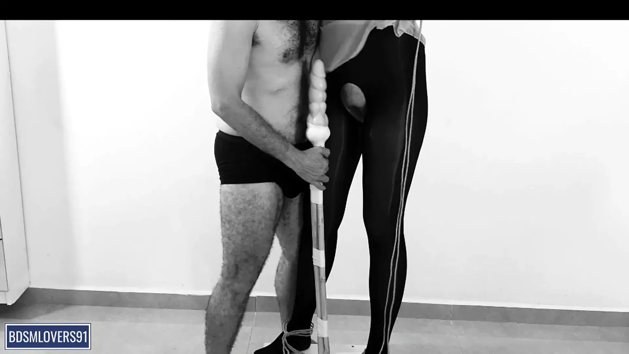Shaking legs in black pantyhose standing pole bondage with non stop orgasms