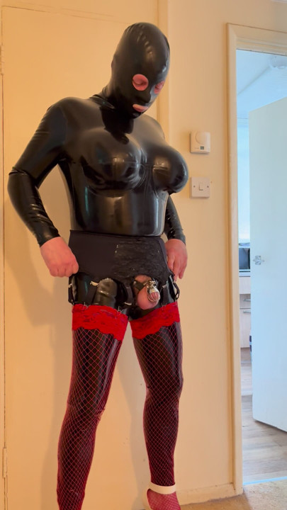Big boob latex cat suit & chastity.