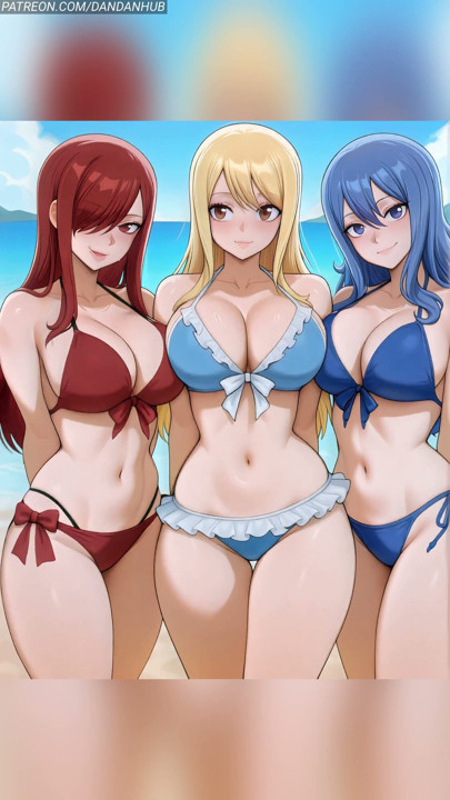 Lucy Erza and Juvia Beach Bikini Bounce - Fairy Tail