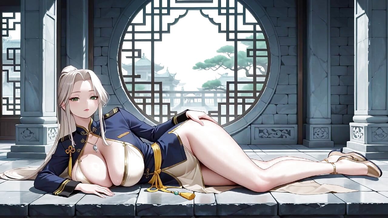 Blonde Samurai in Deep Blue Do-over! Kneeling in the Japanese Corridor, Showing off Her Tender Ass