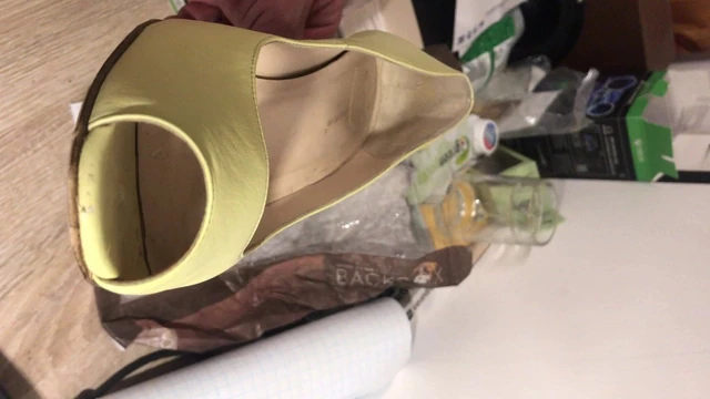 Pulling out cock from peeptoe heel after cum