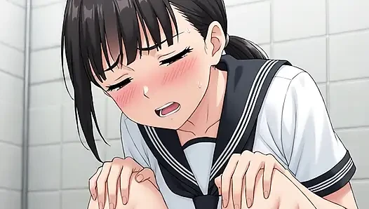 A female student squatting down in the bathroom, exposing her big butt
