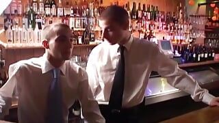 Naughty gay bartenders shagging amorously behind the counter