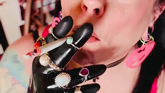 18 Rings & Latex Gloves! Miss Tina Snua Smoking 2 Cork Cigarettes For Her Glove Fan! - Smoker OMI OME Snap Inhales Drifting