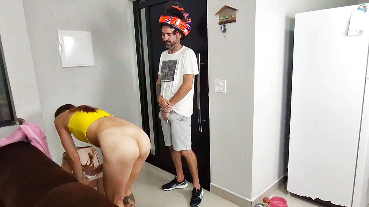 Alone Girl Wearing Only a Bath Towel Receives Delivery Boy!