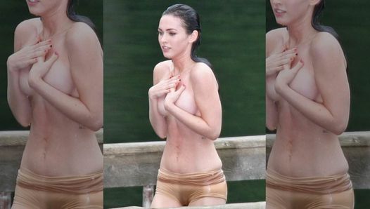 Coño de Megan Fox visible en pantalones cortos ajustados de piel mojada