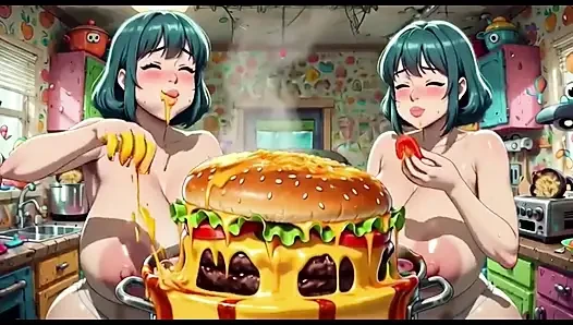 Wanita lucu memasak, animasi ai
