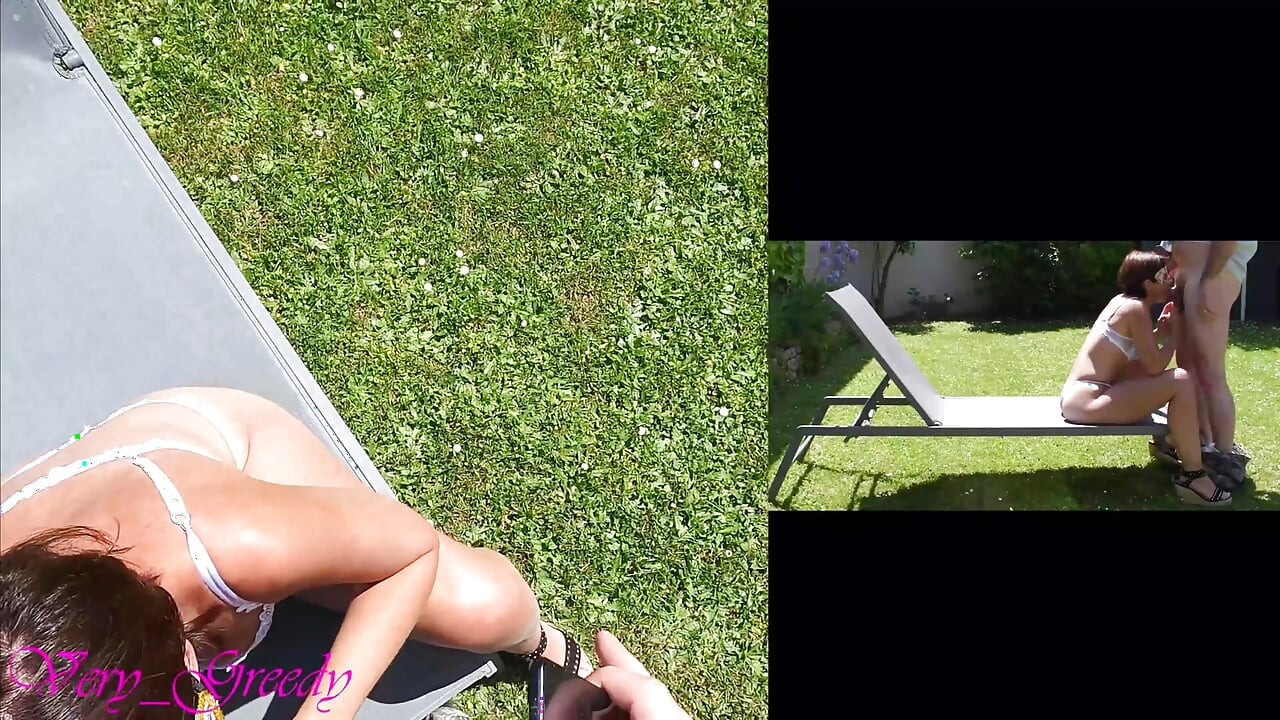 Mooie milf in sexy witte lingerie wordt buiten op zijn hondjes geneukt en komt klaar op haar grote kont