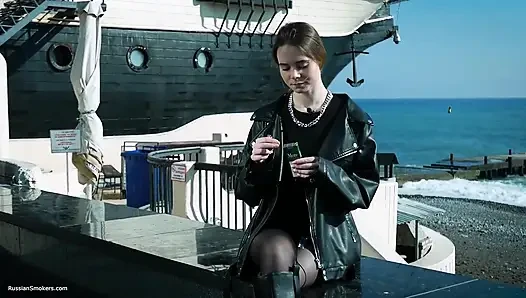 Young Russian Woman Smoking Cigarette Outdoor Terrace