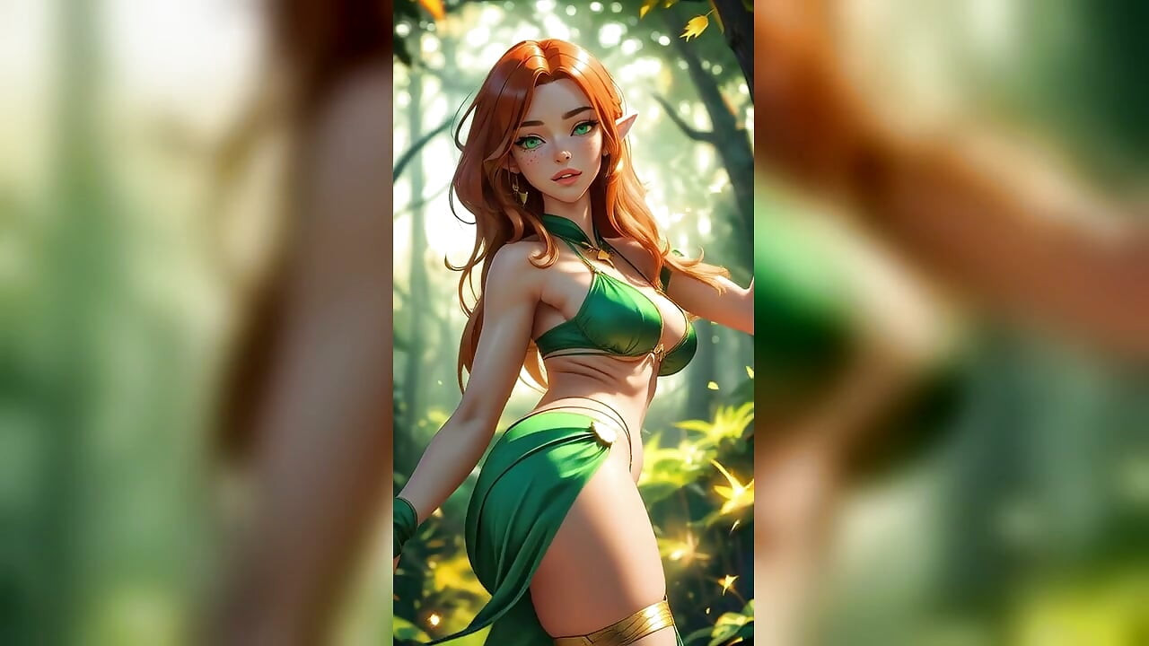 Miedzianowłosa elfka w zielonym bikini tańczy w jesiennym lesie - Seksowne AI Laski