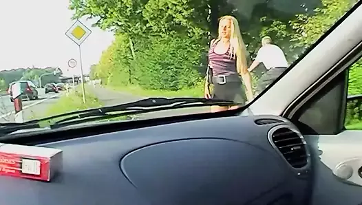 A horny blonde girl from Germany sucking a loaded pecker in the car