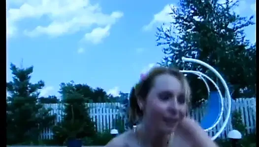 Sexy slut gives bj by the pool and takes facial cumshot on lawn chair
