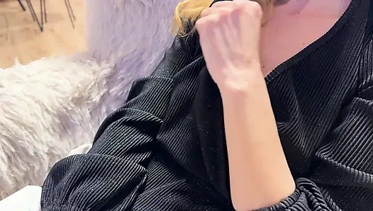 Wife exposing and playing with her juicy pussy in a hotel lobby bar in public