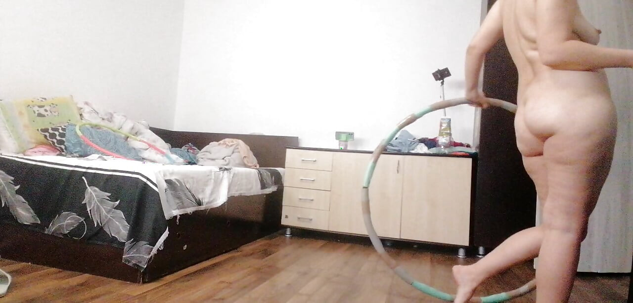Sexy Wife Workout at Home Naked. Sexy Brunette Tries on Pantyhose, Hairy Pussy, Big Ass