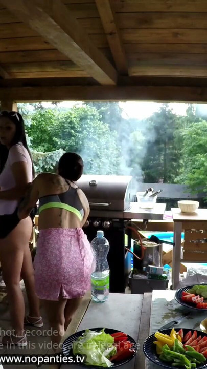 No Panties Mini Skirt Short Skirts Barbeque Party with Hot Tight Shaved Pussy Girls Outdoors | Clip 2