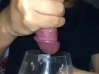 Man milked by a friend cums like a cow in a glass