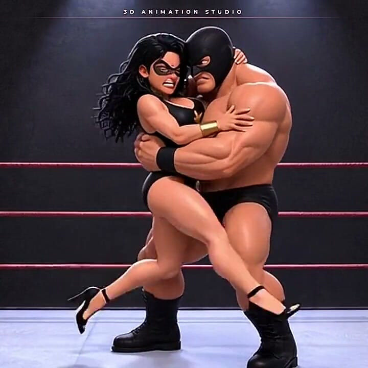 Une super-héroïne masquée en talons ceinture se fait prendre dans des baises et des serrures aux chevilles - ring wrestling