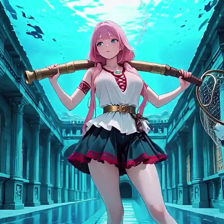 Underwater Fantasy Pink-haired Girl in a Sailor Suit Lounging Lazely, Fingertips Touching the Water as Sunlight Wets Her Skin.
